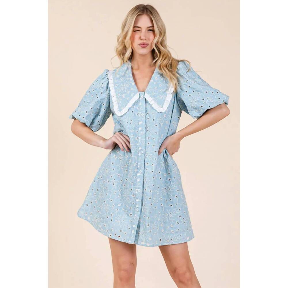 NEW GEEGEE petal pusher eyelet mini dress in light blue